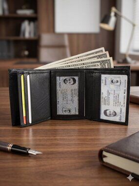 Men Trifold Black Leather Wallet